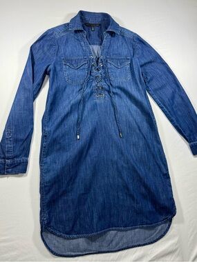 White House Black Market Denim Lace-Up Dress Size 0 Long Sleeve Dark Wash